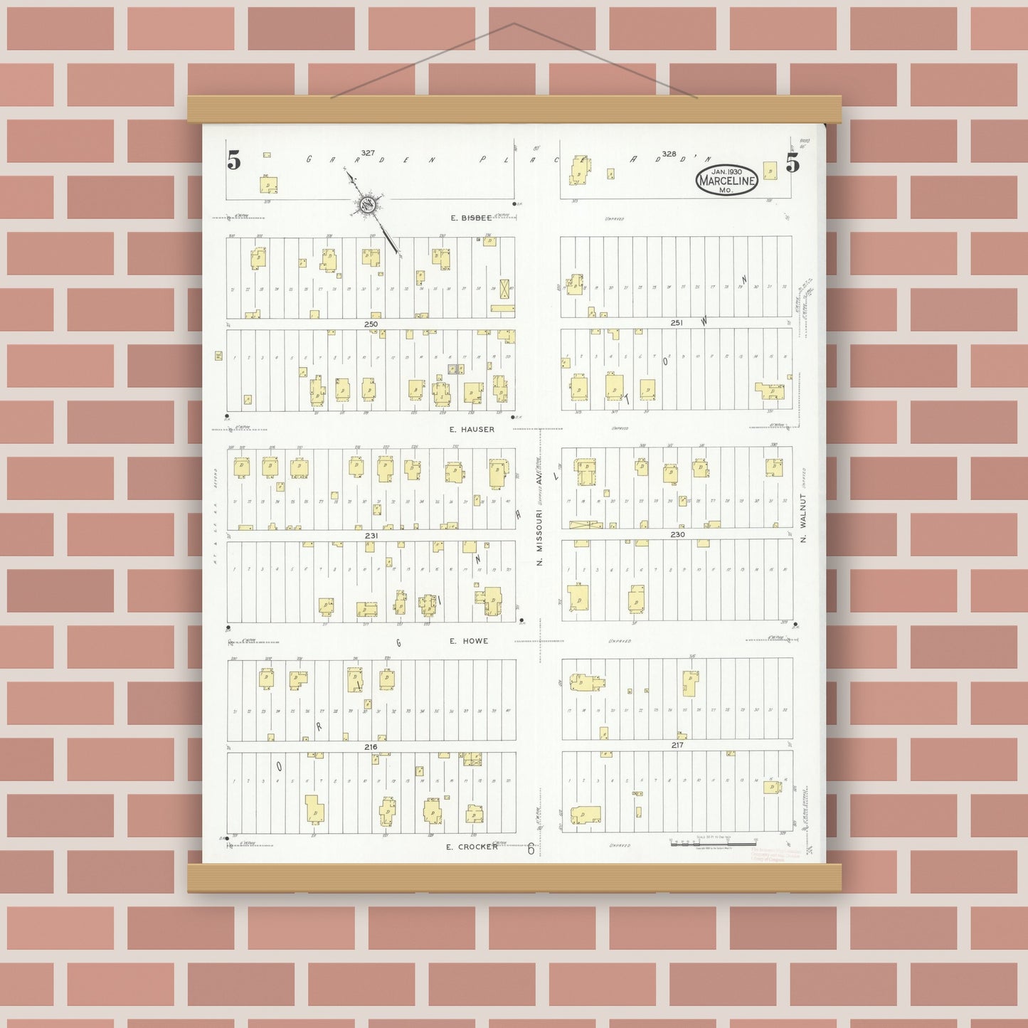 Old map wall art mockup — magnetic wood frame on brick wall — Sanborn Fire Insurance Map from Marceline, Linn County, Missouri (1930), Sheet #0005