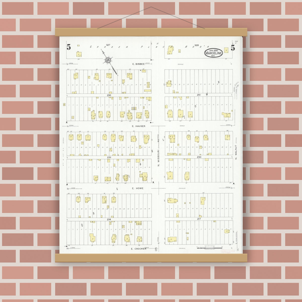 Old map wall art mockup — magnetic wood frame on brick wall — Sanborn Fire Insurance Map from Marceline, Linn County, Missouri (1930), Sheet #0005