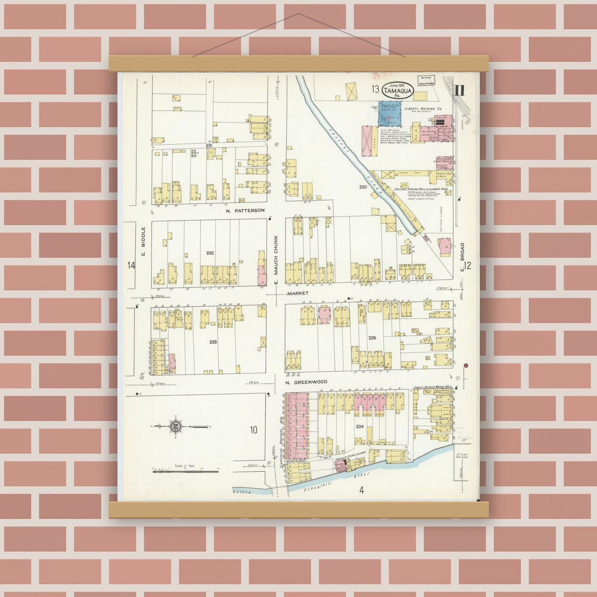 Old map wall art mockup — magnetic wood frame on brick wall — Sanborn Fire Insurance Map from Tamaqua, Schuylkill County, Pennsylvania (1915), Sheet #0011