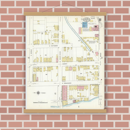 Old map wall art mockup — magnetic wood frame on brick wall — Sanborn Fire Insurance Map from Tamaqua, Schuylkill County, Pennsylvania (1915), Sheet #0011