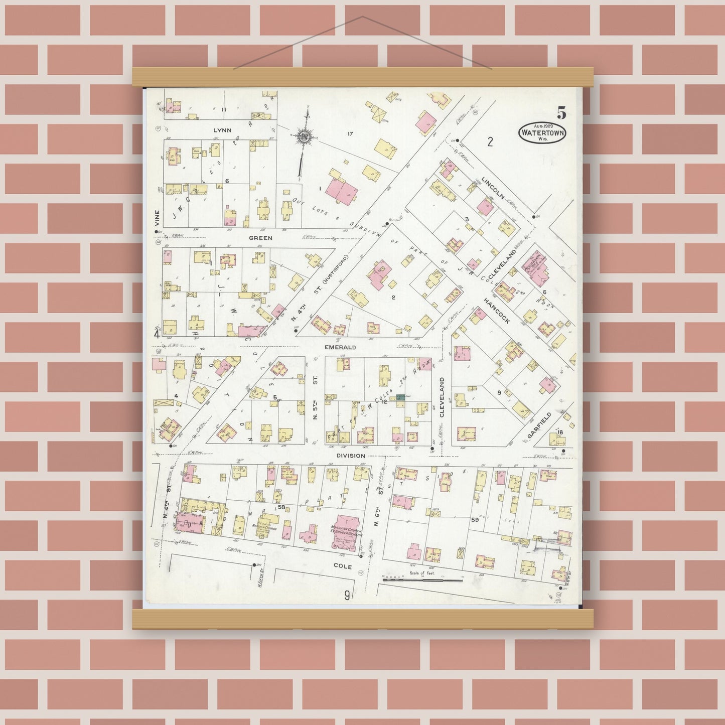 Old map wall art mockup — magnetic wood frame on brick wall — Sanborn Fire Insurance Map from Watertown, Jefferson County, Wisconsin (1909), Sheet #0005