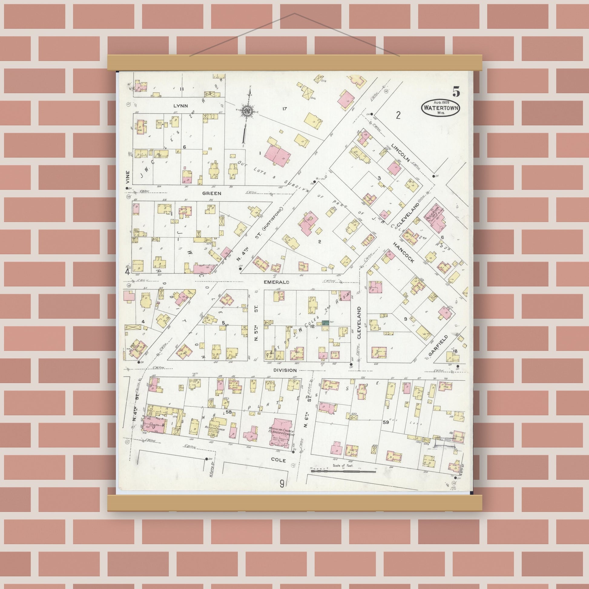 Old map wall art mockup — magnetic wood frame on brick wall — Sanborn Fire Insurance Map from Watertown, Jefferson County, Wisconsin (1909), Sheet #0005