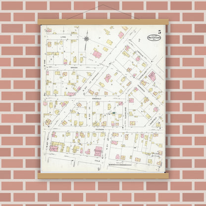 Old map wall art mockup — magnetic wood frame on brick wall — Sanborn Fire Insurance Map from Watertown, Jefferson County, Wisconsin (1909), Sheet #0005