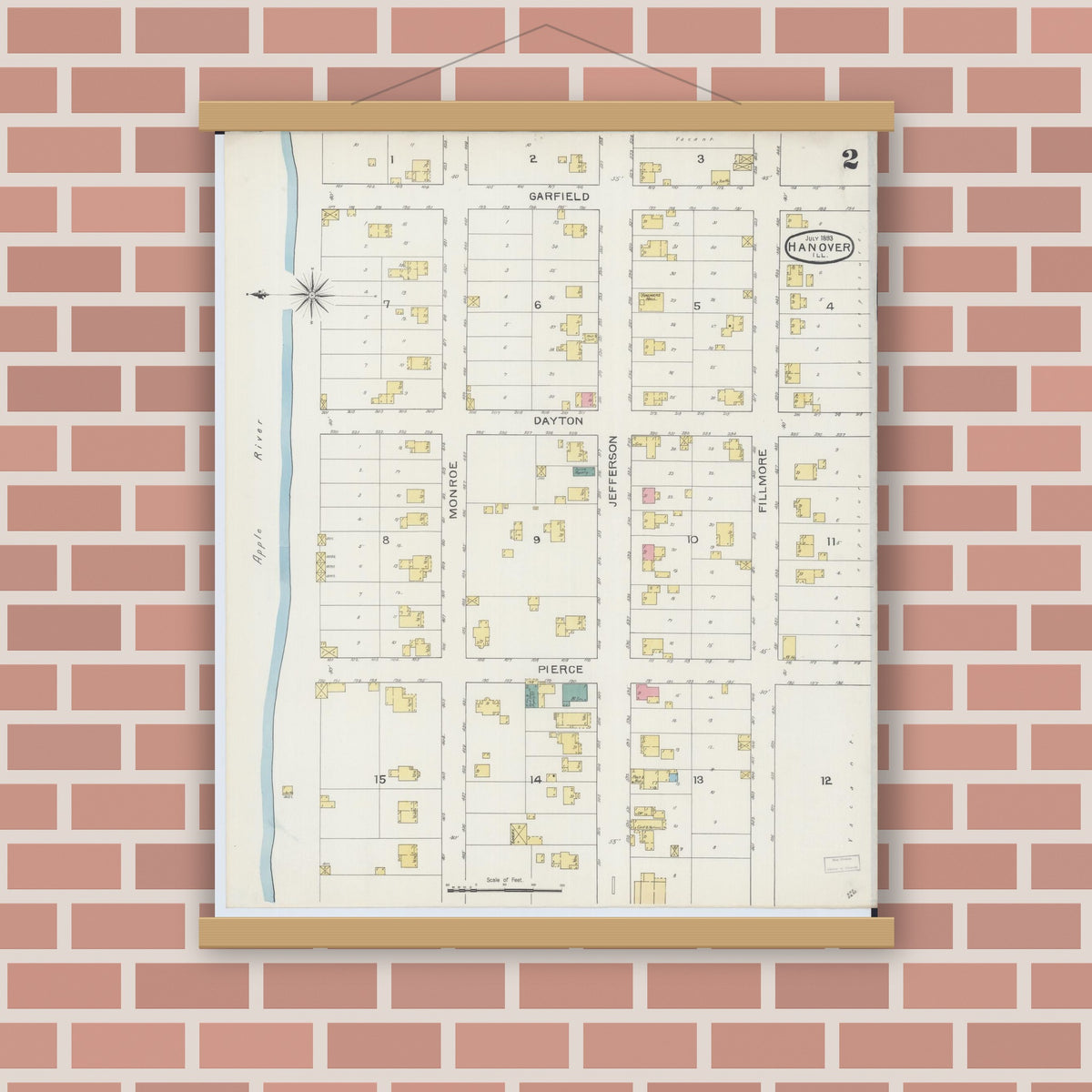 Old map wall art mockup — magnetic wood frame on brick wall — Sanborn Fire Insurance Map from Hanover, Jo Daviess County, Illinois (1893), Sheet #0002