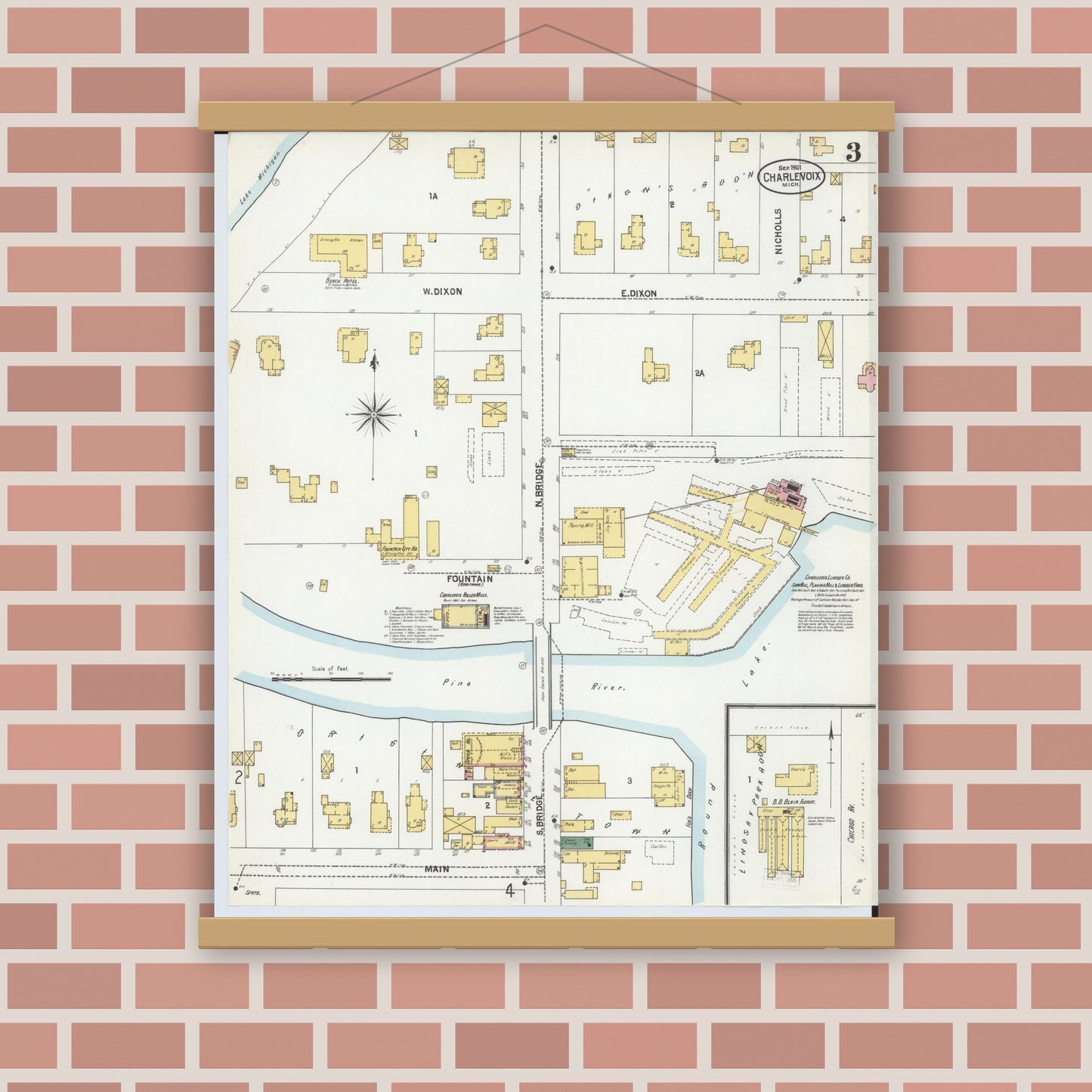 Old map wall art mockup — magnetic wood frame on brick wall — Sanborn Fire Insurance Map from Charlevoix, Charlevoix County, Michigan (1901), Sheet #0003