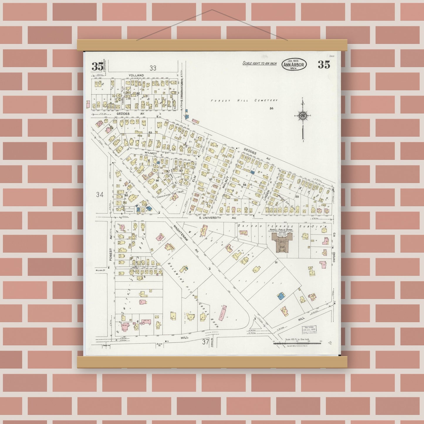 Old map wall art mockup — magnetic wood frame on brick wall — Sanborn Fire Insurance Map from Ann Arbor, Washtenaw County, Michigan (1925), Sheet #0035