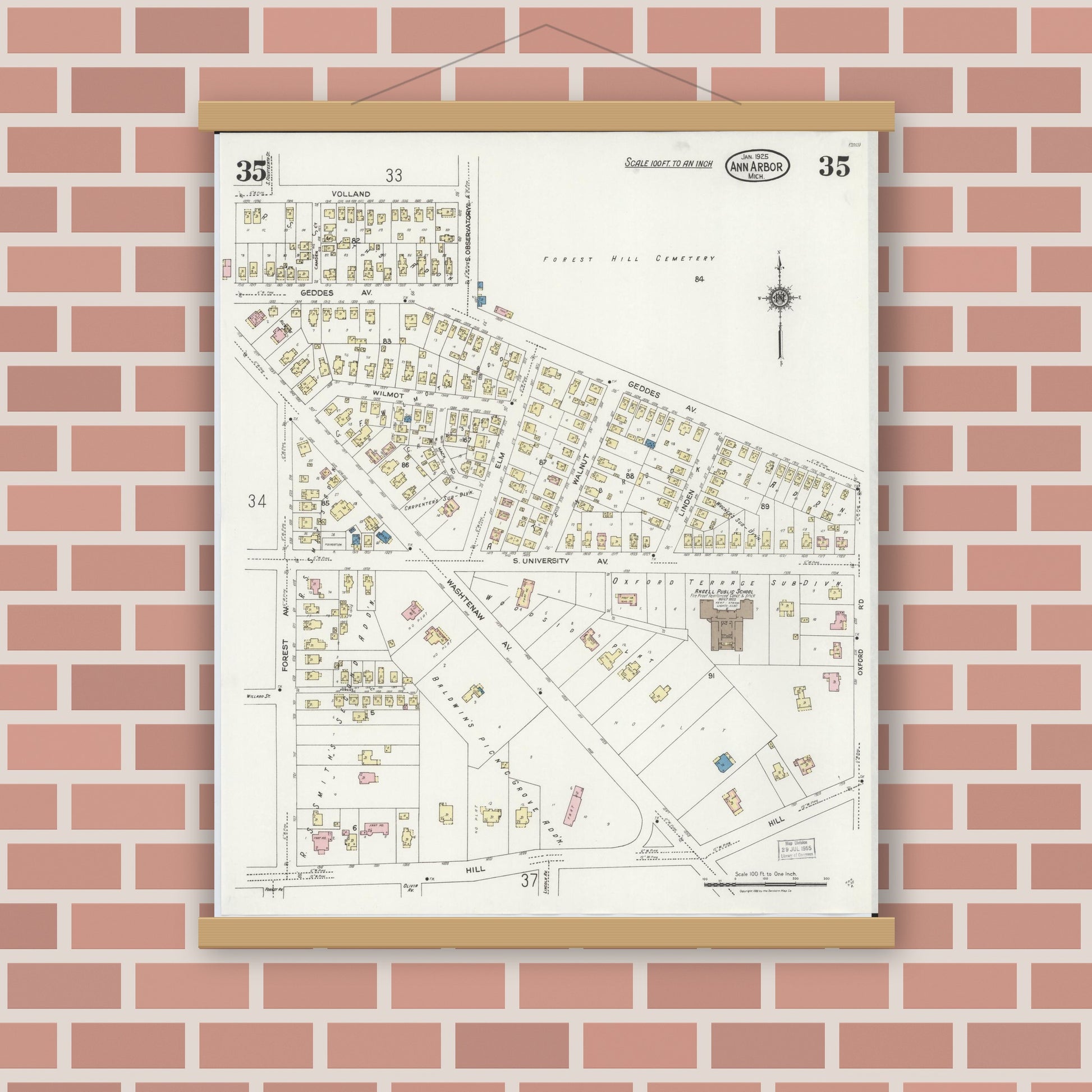Old map wall art mockup — magnetic wood frame on brick wall — Sanborn Fire Insurance Map from Ann Arbor, Washtenaw County, Michigan (1925), Sheet #0035