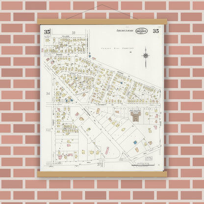 Old map wall art mockup — magnetic wood frame on brick wall — Sanborn Fire Insurance Map from Ann Arbor, Washtenaw County, Michigan (1925), Sheet #0035