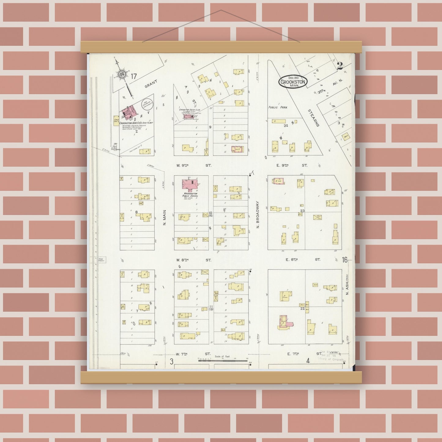 Old map wall art mockup — magnetic wood frame on brick wall — Sanborn Fire Insurance Map from Crookston, Polk County, Minnesota (1913), Sheet #0002
