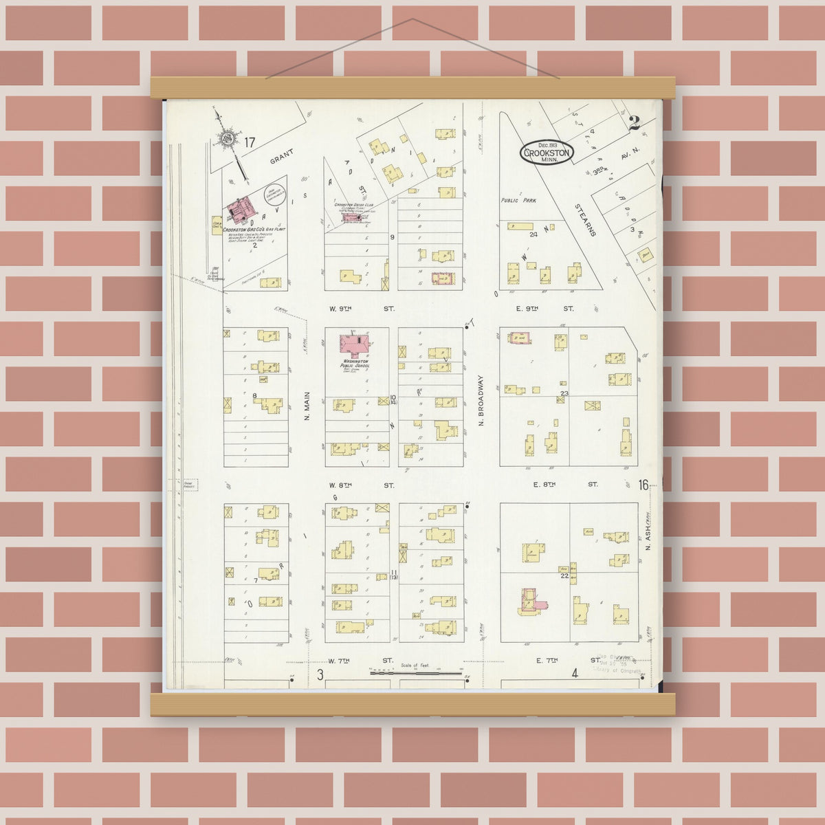 Old map wall art mockup — magnetic wood frame on brick wall — Sanborn Fire Insurance Map from Crookston, Polk County, Minnesota (1913), Sheet #0002