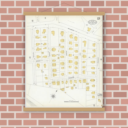Old map wall art mockup — magnetic wood frame on brick wall — Sanborn Fire Insurance Map from Watertown, Middlesex County, Massachusetts (1904), Sheet #0013