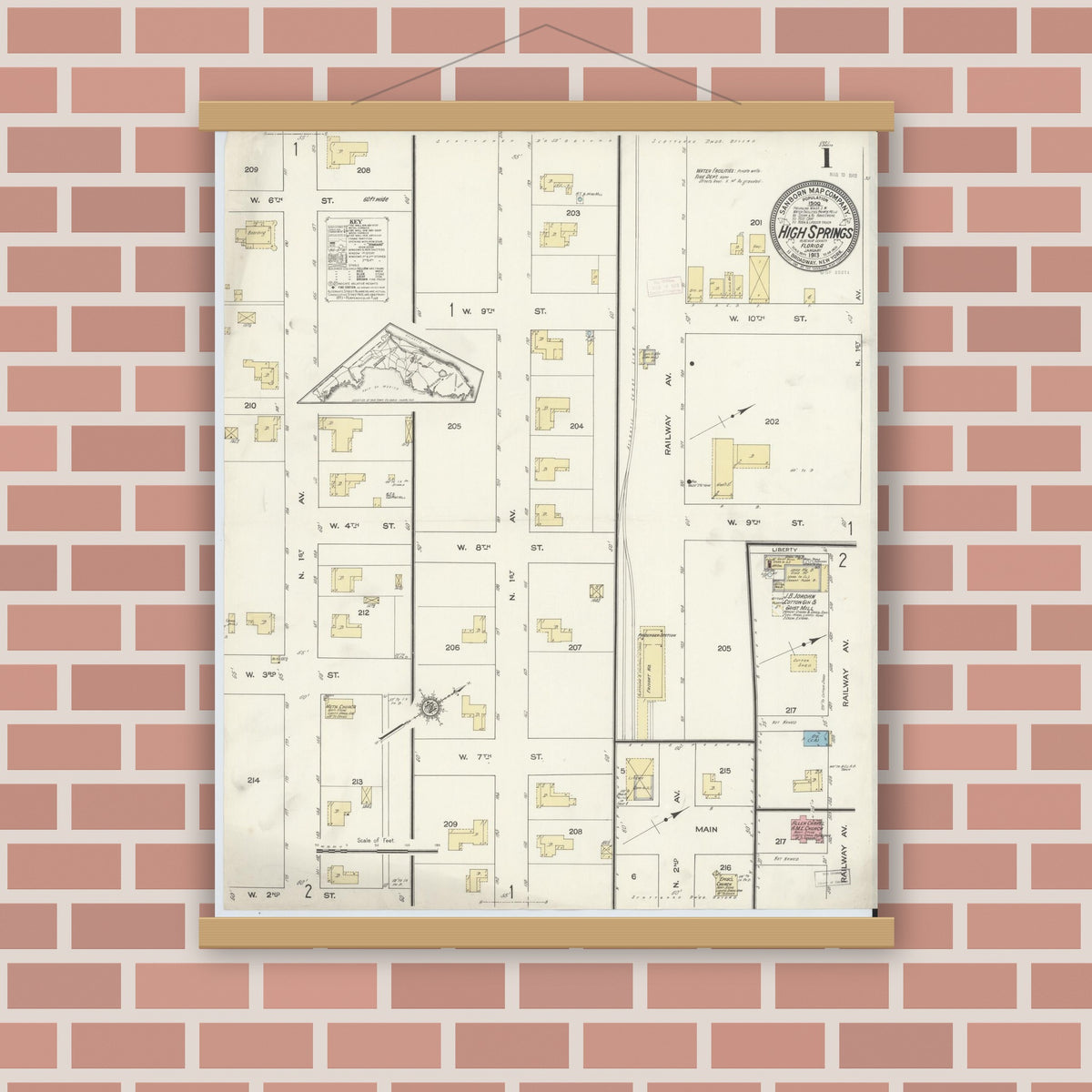 Old map wall art mockup — magnetic wood frame on brick wall — Sanborn Fire Insurance Map from High Springs, Alachua County, Florida (1913), Sheet #0001