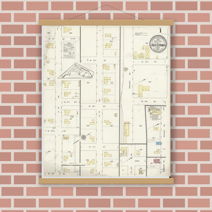 Old map wall art mockup — magnetic wood frame on brick wall — Sanborn Fire Insurance Map from High Springs, Alachua County, Florida (1913), Sheet #0001