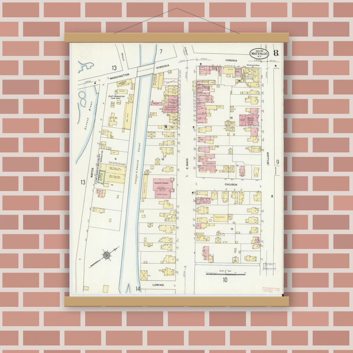 Old map wall art mockup — magnetic wood frame on brick wall — Sanborn Fire Insurance Map from Waterloo, Seneca County, New York (1911), Sheet #0008