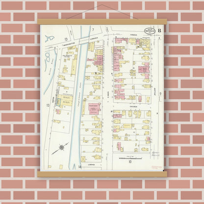 Old map wall art mockup — magnetic wood frame on brick wall — Sanborn Fire Insurance Map from Waterloo, Seneca County, New York (1911), Sheet #0008