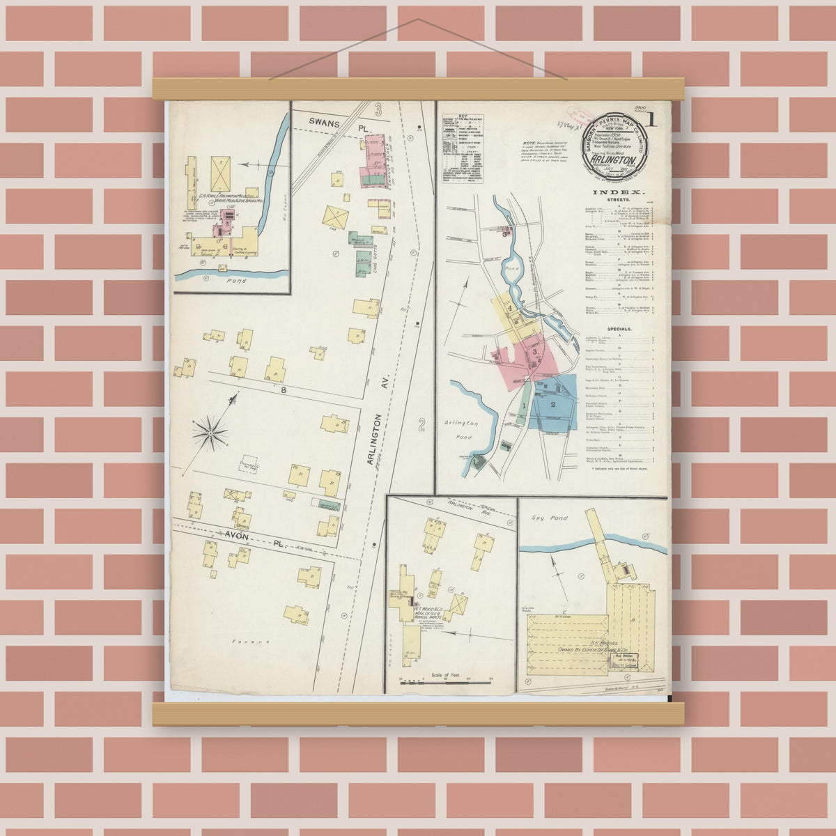 Old map wall art mockup — magnetic wood frame on brick wall — Sanborn Fire Insurance Map from Arlington, Middlesex County, Massachusetts (1892) - Complete Map Set
