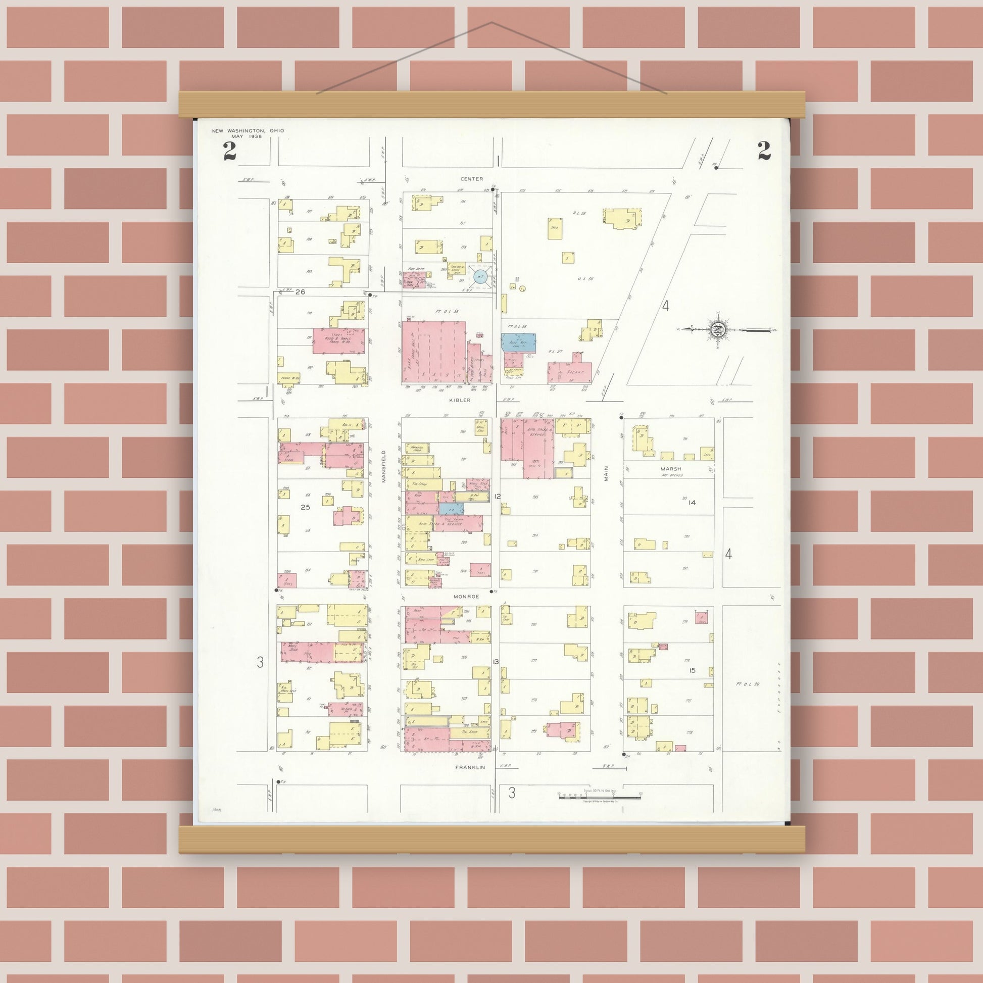 Old map wall art mockup — magnetic wood frame on brick wall — Sanborn Fire Insurance Map from New Washington, Crawford County, Ohio (1938), Sheet #0002