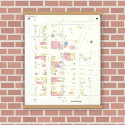 Old map wall art mockup — magnetic wood frame on brick wall — Sanborn Fire Insurance Map from New Washington, Crawford County, Ohio (1938), Sheet #0002