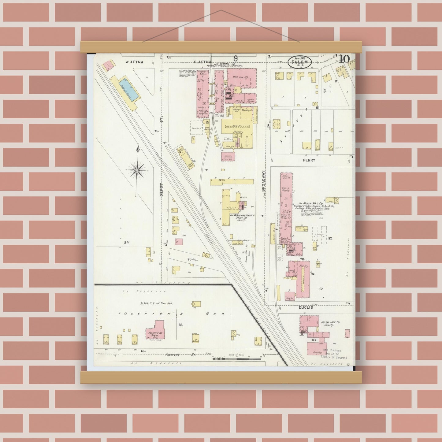 Old map wall art mockup — magnetic wood frame on brick wall — Sanborn Fire Insurance Map from Salem, Columbiana County, Ohio (1898), Sheet #0010