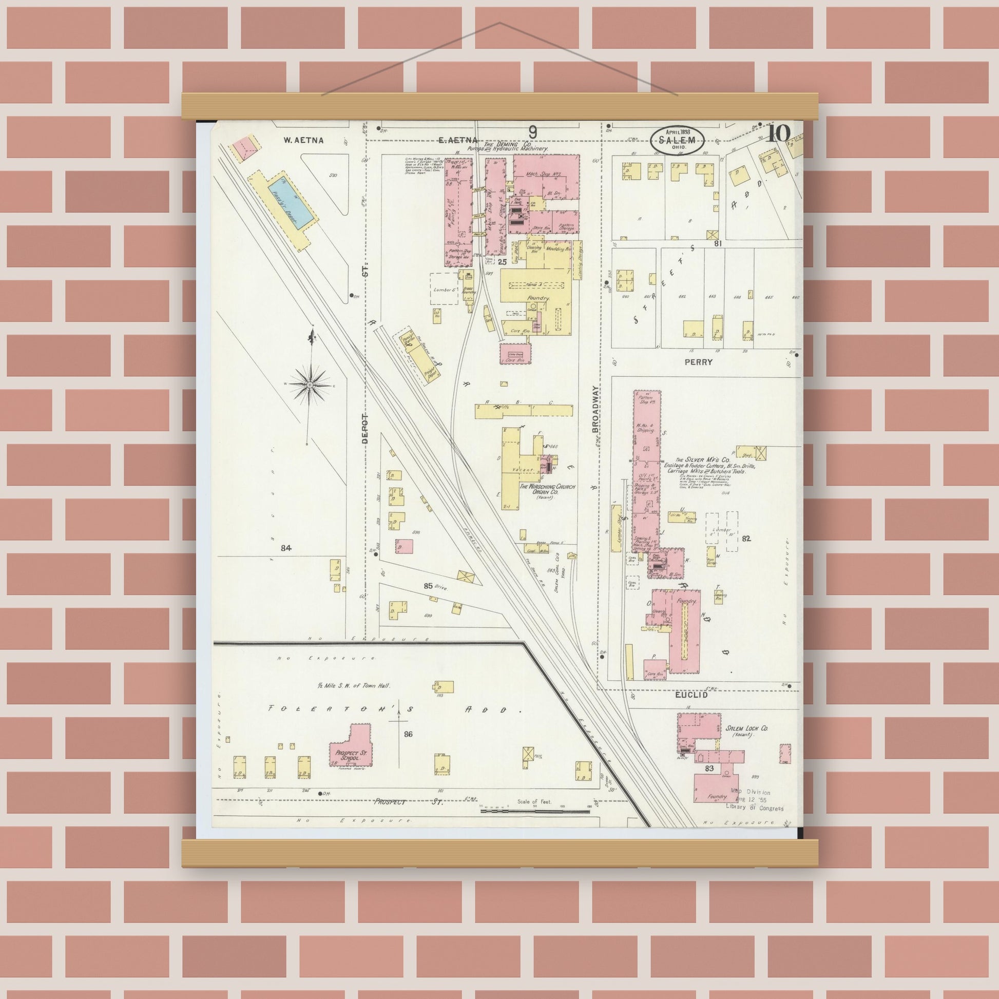 Old map wall art mockup — magnetic wood frame on brick wall — Sanborn Fire Insurance Map from Salem, Columbiana County, Ohio (1898), Sheet #0010