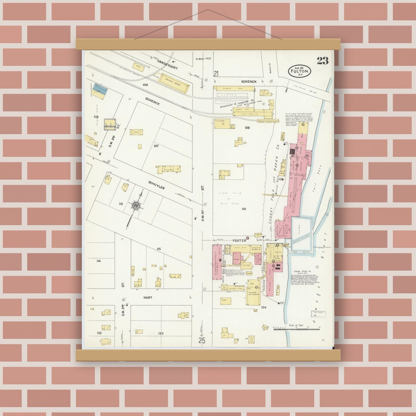 Old map wall art mockup — magnetic wood frame on brick wall — Sanborn Fire Insurance Map from Fulton, Oswego County, New York (1911), Sheet #0023