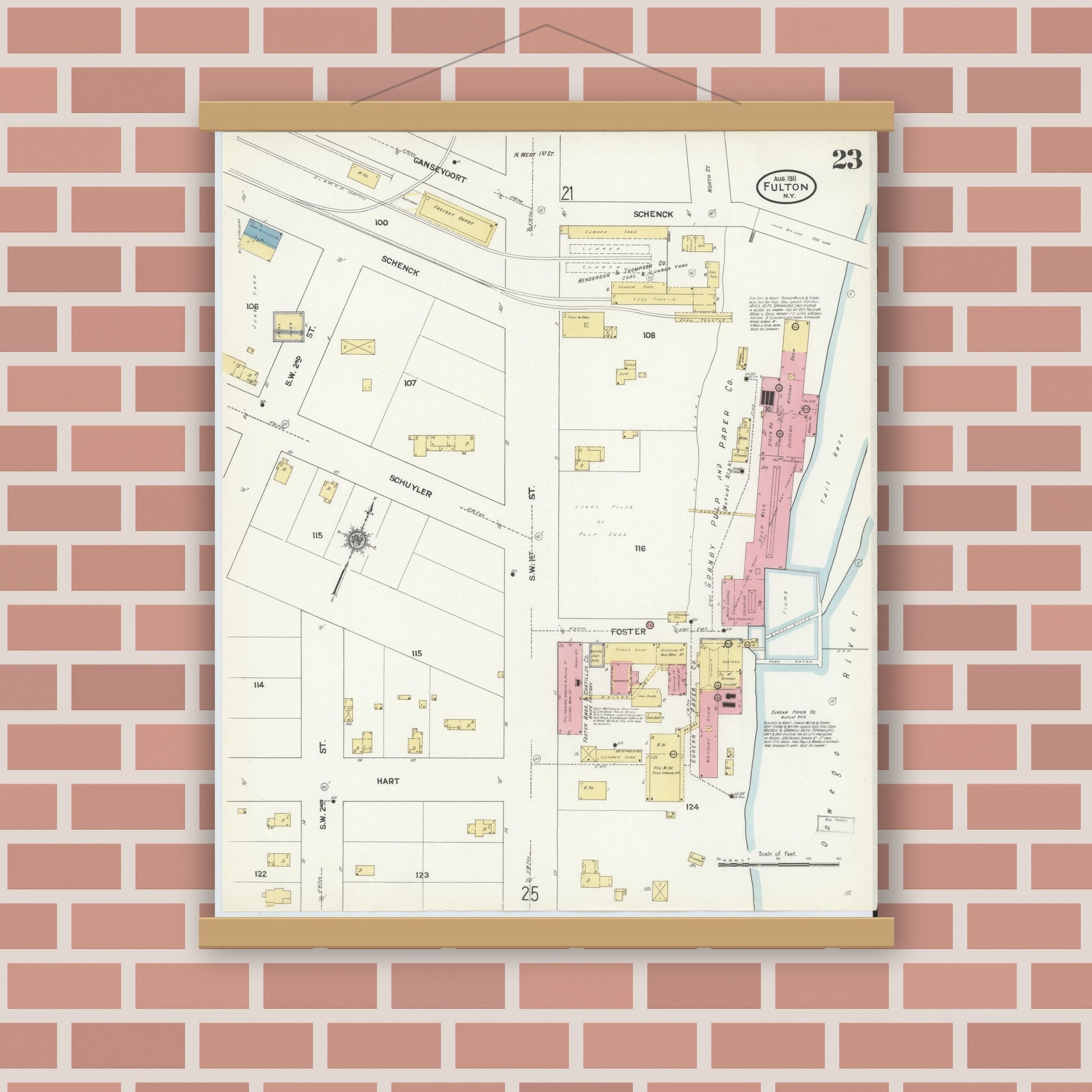 Old map wall art mockup — magnetic wood frame on brick wall — Sanborn Fire Insurance Map from Fulton, Oswego County, New York (1911), Sheet #0023