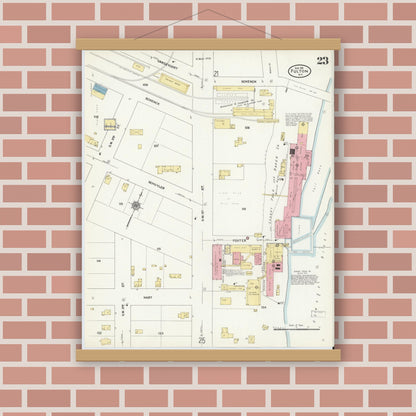 Old map wall art mockup — magnetic wood frame on brick wall — Sanborn Fire Insurance Map from Fulton, Oswego County, New York (1911), Sheet #0023