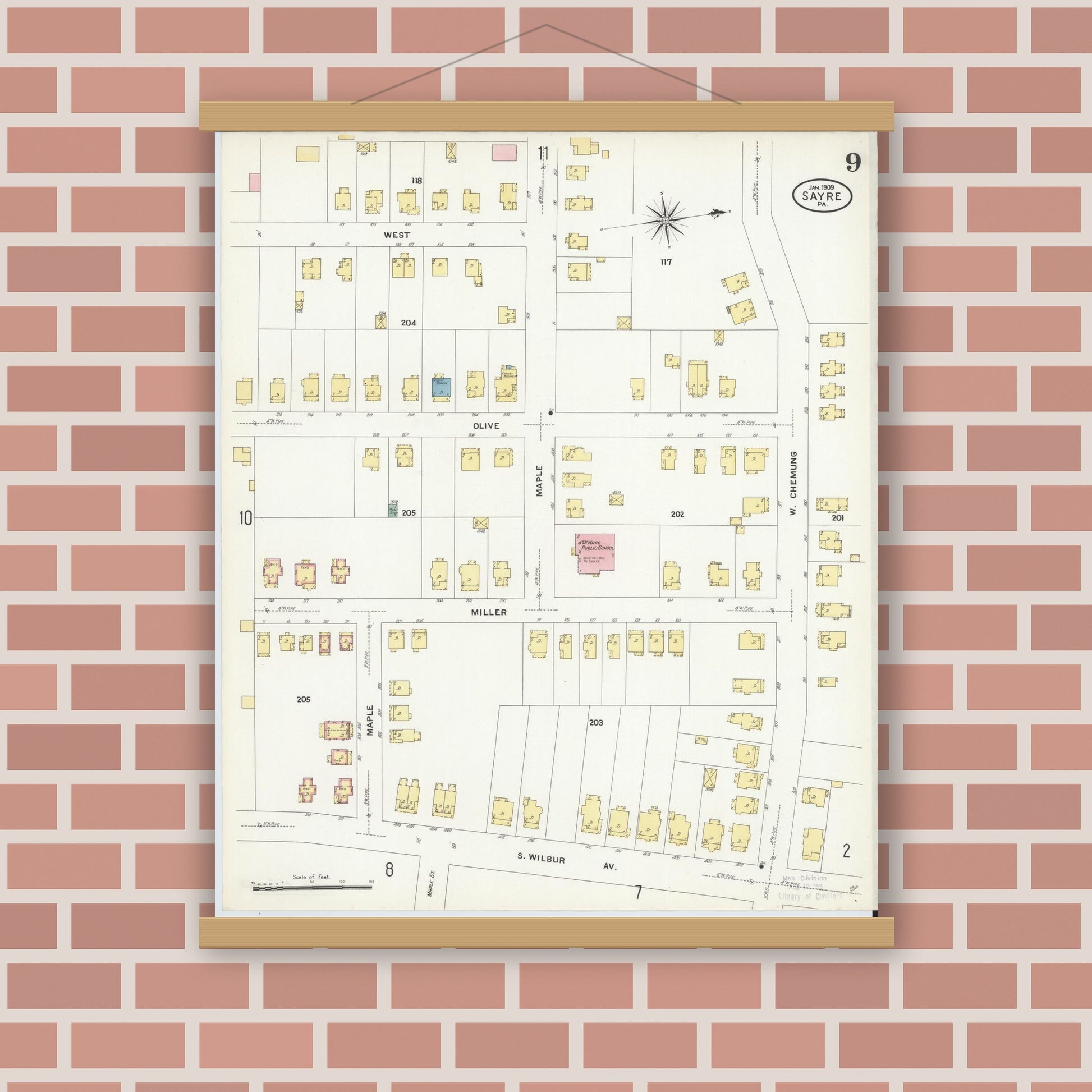 Old map wall art mockup — magnetic wood frame on brick wall — Sanborn Fire Insurance Map from Sayre, Bradford County, Pennsylvania (1909), Sheet #0009