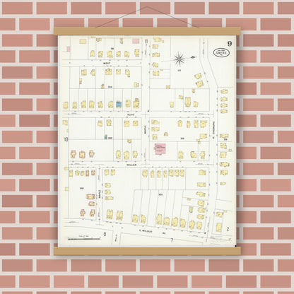 Old map wall art mockup — magnetic wood frame on brick wall — Sanborn Fire Insurance Map from Sayre, Bradford County, Pennsylvania (1909), Sheet #0009