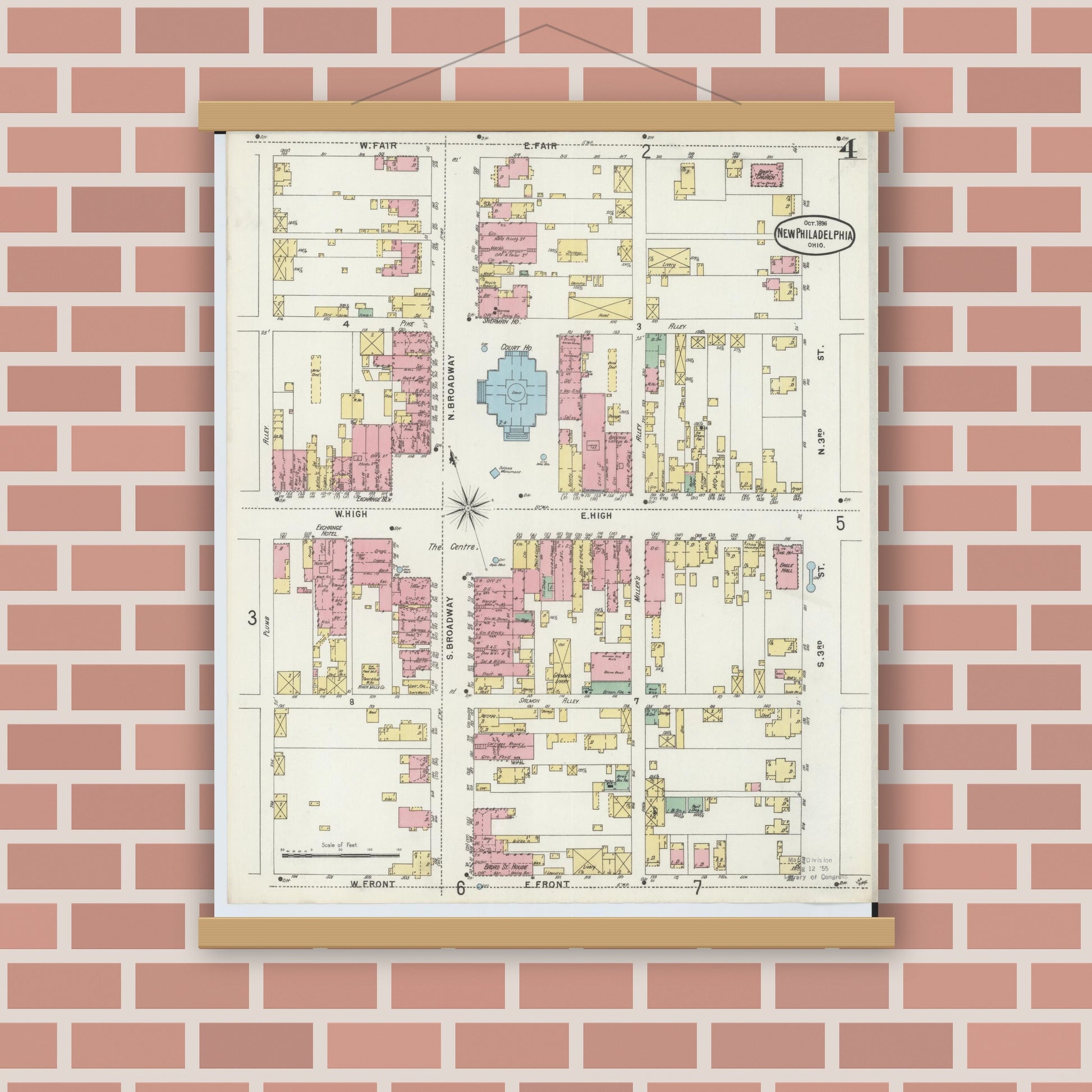 Old map wall art mockup — magnetic wood frame on brick wall — Sanborn Fire Insurance Map from New Philadelphia, Tuscarawas County, Ohio (1896), Sheet #0004