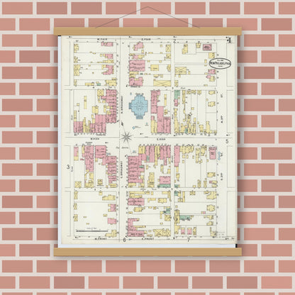 Old map wall art mockup — magnetic wood frame on brick wall — Sanborn Fire Insurance Map from New Philadelphia, Tuscarawas County, Ohio (1896), Sheet #0004