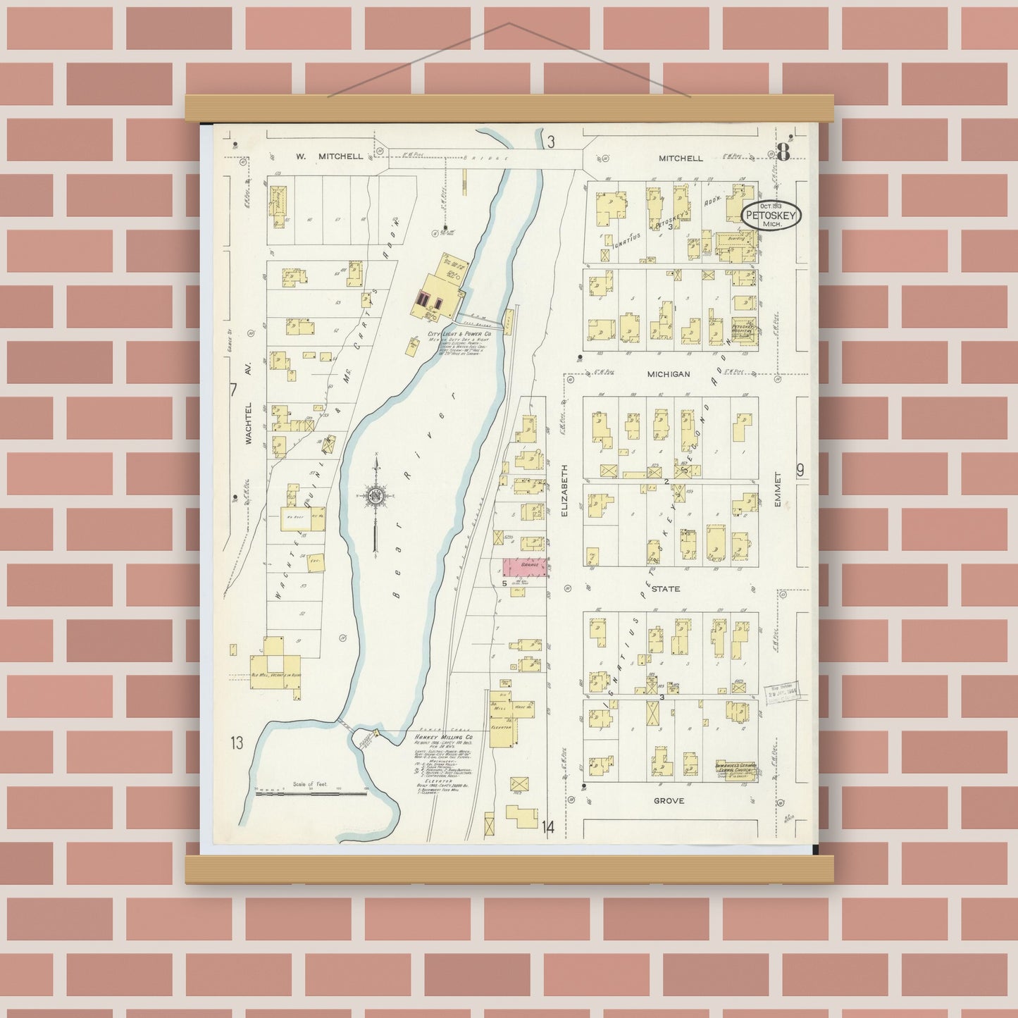 Old map wall art mockup — magnetic wood frame on brick wall — Sanborn Fire Insurance Map from Petoskey, Emmet County, Michigan (1913), Sheet #0008