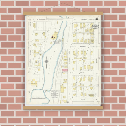 Old map wall art mockup — magnetic wood frame on brick wall — Sanborn Fire Insurance Map from Petoskey, Emmet County, Michigan (1913), Sheet #0008