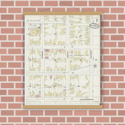 Old map wall art mockup — magnetic wood frame on brick wall — Sanborn Fire Insurance Map from Columbus, Bartholomew County, Indiana (1890), Sheet #0007