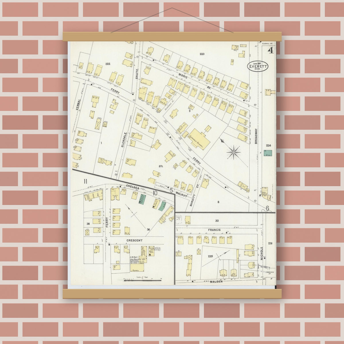 Old map wall art mockup — magnetic wood frame on brick wall — Sanborn Fire Insurance Map from Everett, Middlesex County, Massachusetts (1897), Sheet #0004