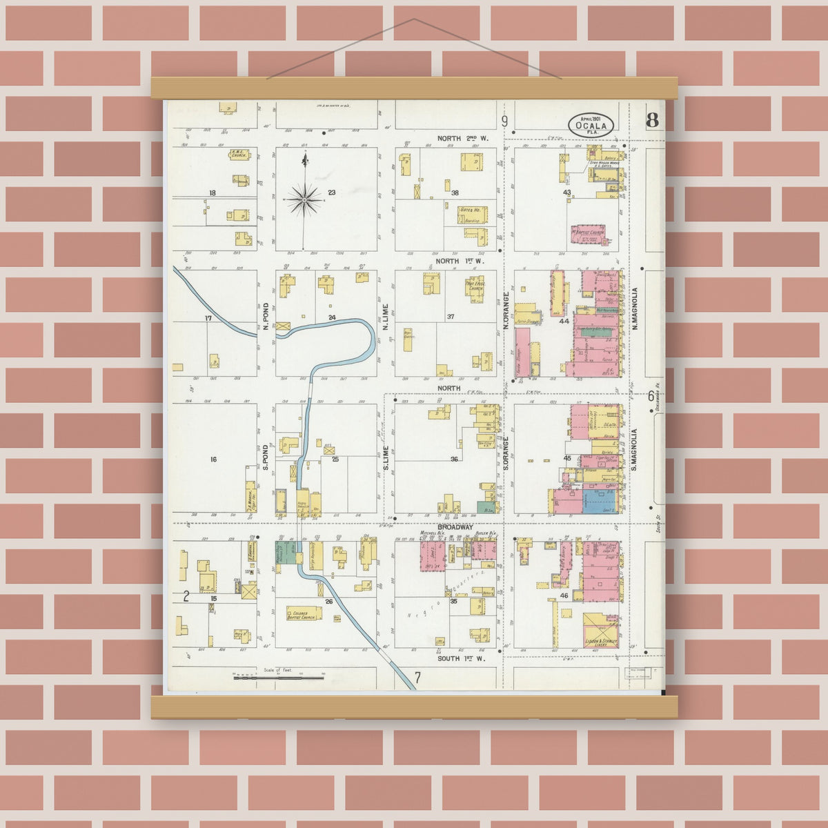 Old map wall art mockup — magnetic wood frame on brick wall — Sanborn Fire Insurance Map from Ocala, Marion County, Florida (1901), Sheet #0008