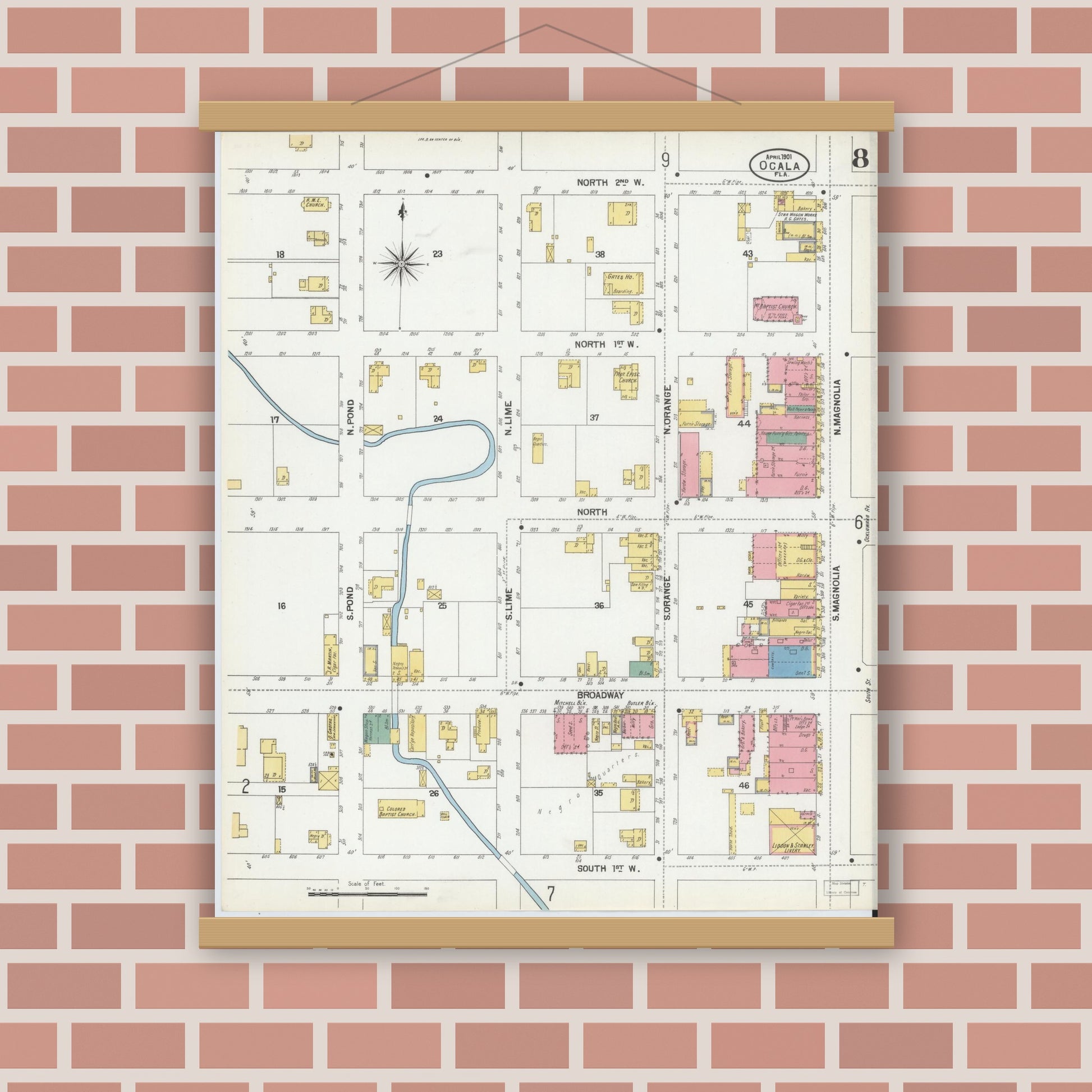 Old map wall art mockup — magnetic wood frame on brick wall — Sanborn Fire Insurance Map from Ocala, Marion County, Florida (1901), Sheet #0008