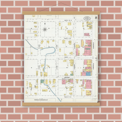 Old map wall art mockup — magnetic wood frame on brick wall — Sanborn Fire Insurance Map from Ocala, Marion County, Florida (1901), Sheet #0008