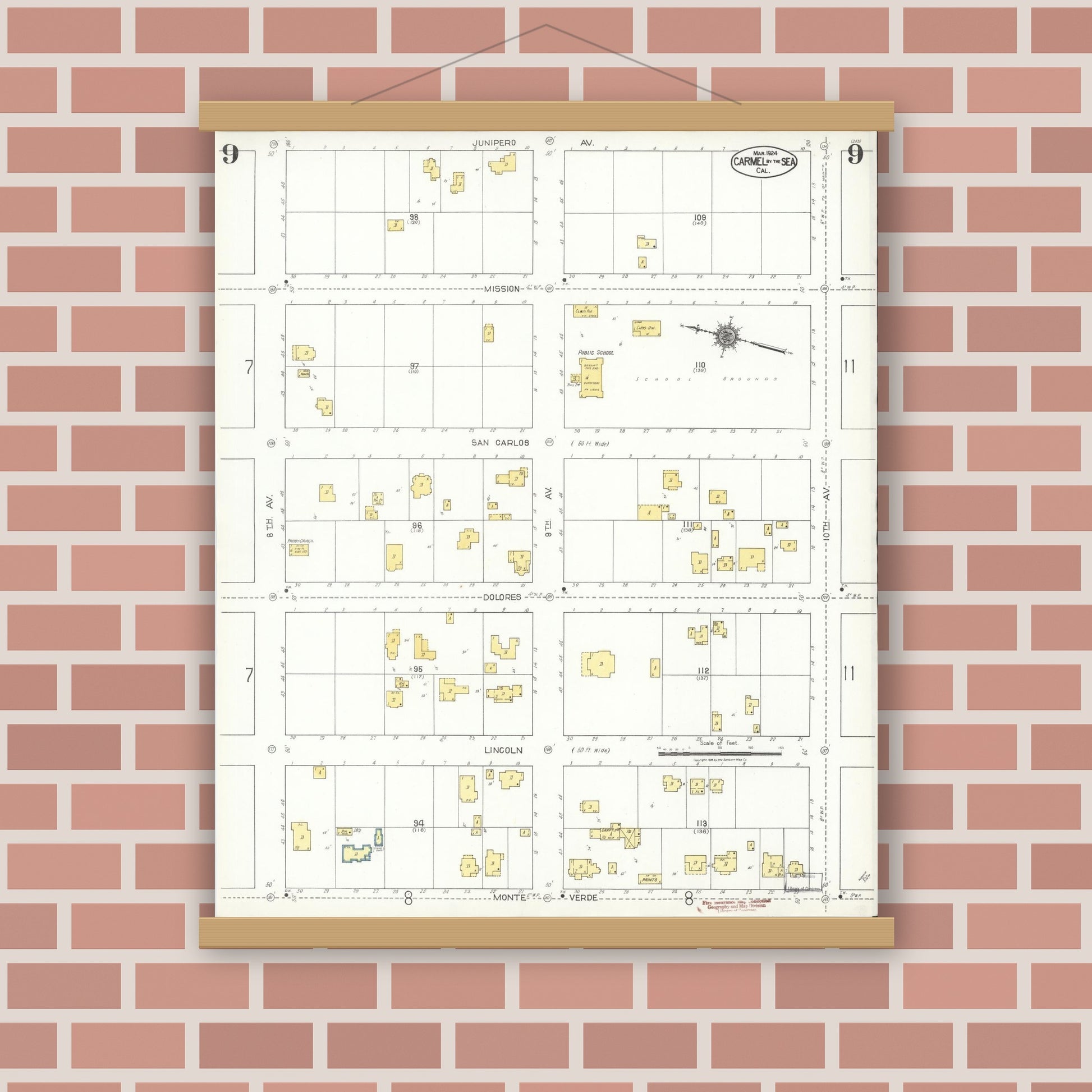 Old map wall art mockup — magnetic wood frame on brick wall — Sanborn Fire Insurance Map from Carmel By The Sea, Monterey County, California (1924), Sheet #0009
