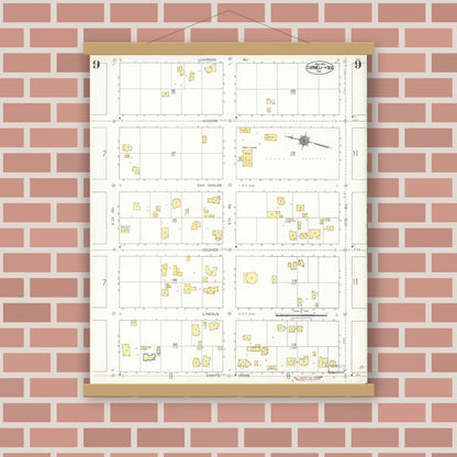 Old map wall art mockup — magnetic wood frame on brick wall — Sanborn Fire Insurance Map from Carmel By The Sea, Monterey County, California (1924), Sheet #0009