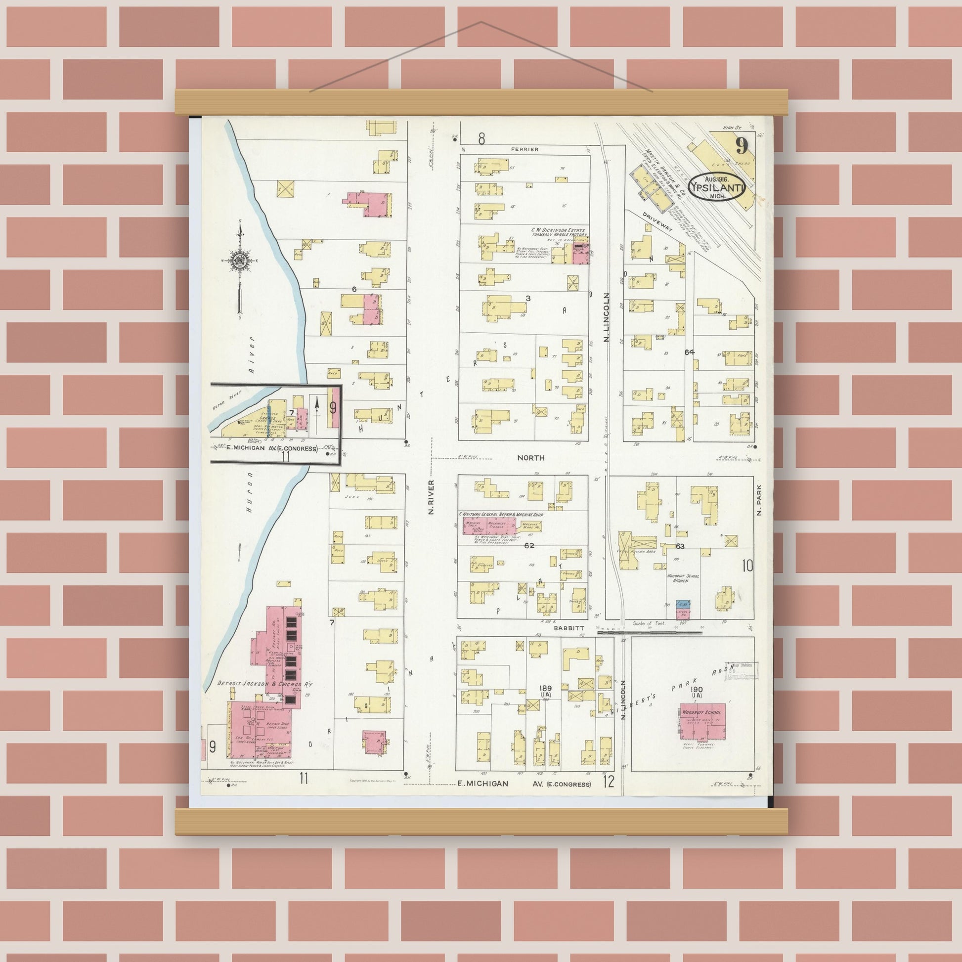 Old map wall art mockup — magnetic wood frame on brick wall — Sanborn Fire Insurance Map from Ypsilanti, Washtenaw County, Michigan (1916), Sheet #0009