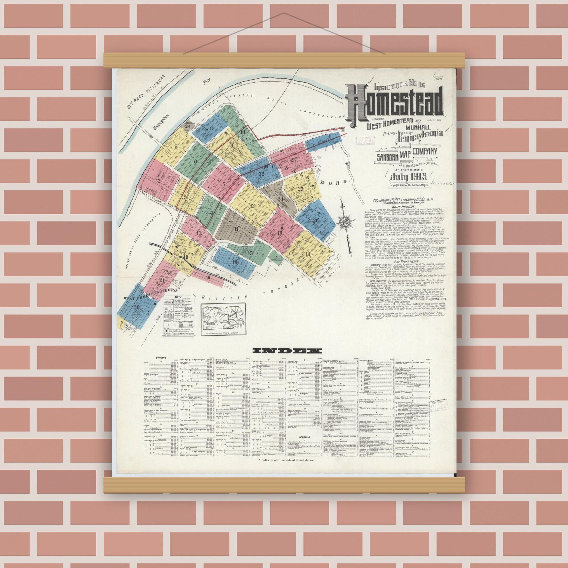 Old map wall art mockup — magnetic wood frame on brick wall — Sanborn Fire Insurance Map from Homestead, Allegheny County, Pennsylvania (1913), Sheet #0001