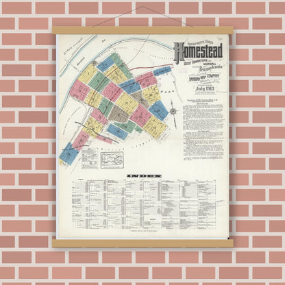 Old map wall art mockup — magnetic wood frame on brick wall — Sanborn Fire Insurance Map from Homestead, Allegheny County, Pennsylvania (1913), Sheet #0001