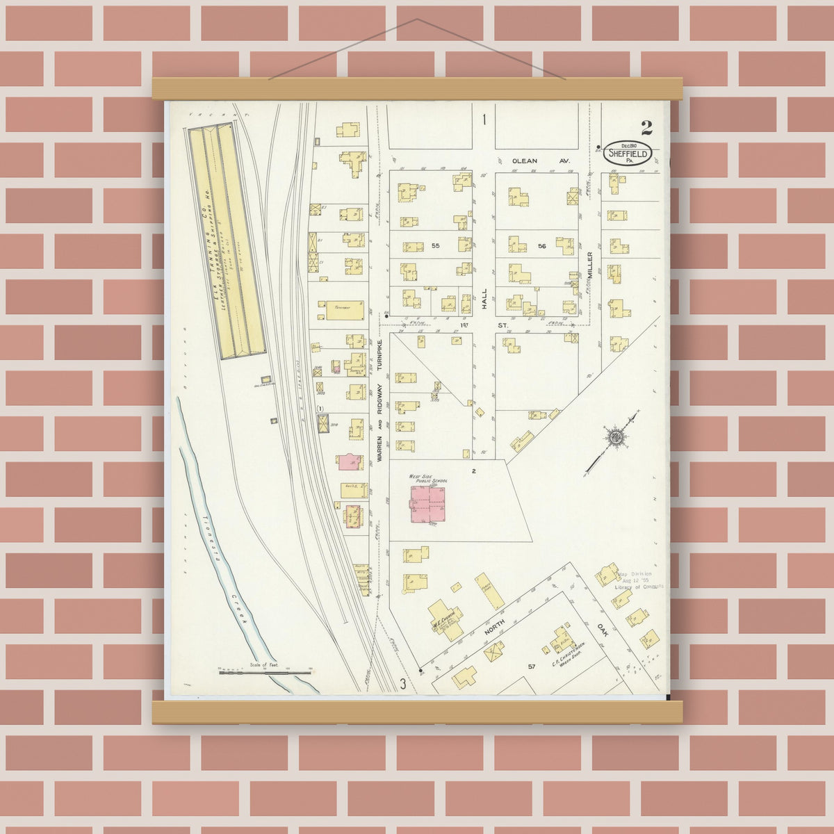 Old map wall art mockup — magnetic wood frame on brick wall — Sanborn Fire Insurance Map from Sheffield, Warren County, Pennsylvania (1910), Sheet #0002