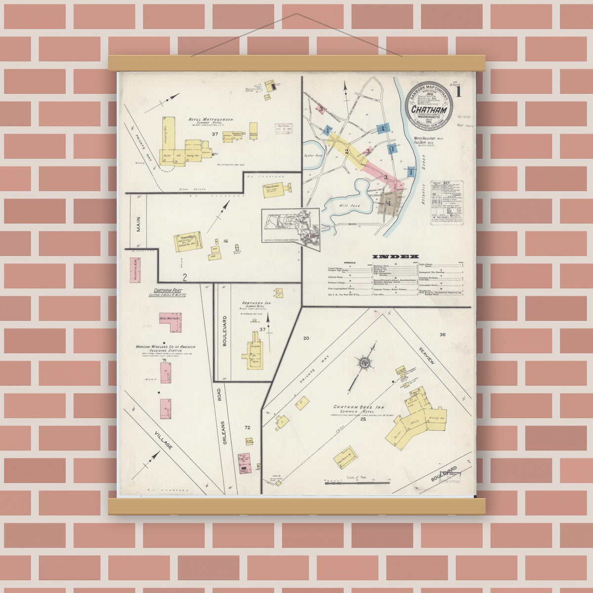 Old map wall art mockup — magnetic wood frame on brick wall — Sanborn Fire Insurance Map from Chatham, Barnstable County, Massachusetts (1915) - Complete Map Set