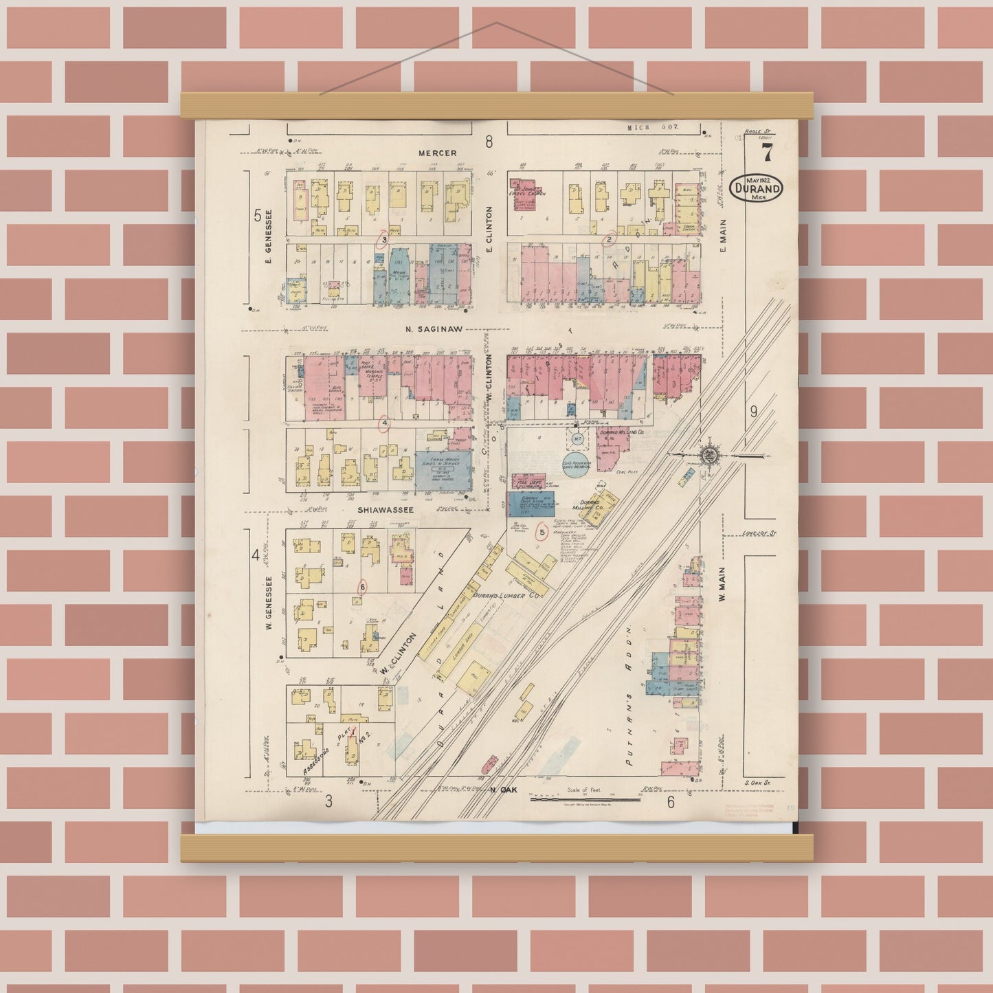 Old map wall art mockup — magnetic wood frame on brick wall — Sanborn Fire Insurance Map from Durand, Shiawassee County, Michigan (1944), Sheet #0007