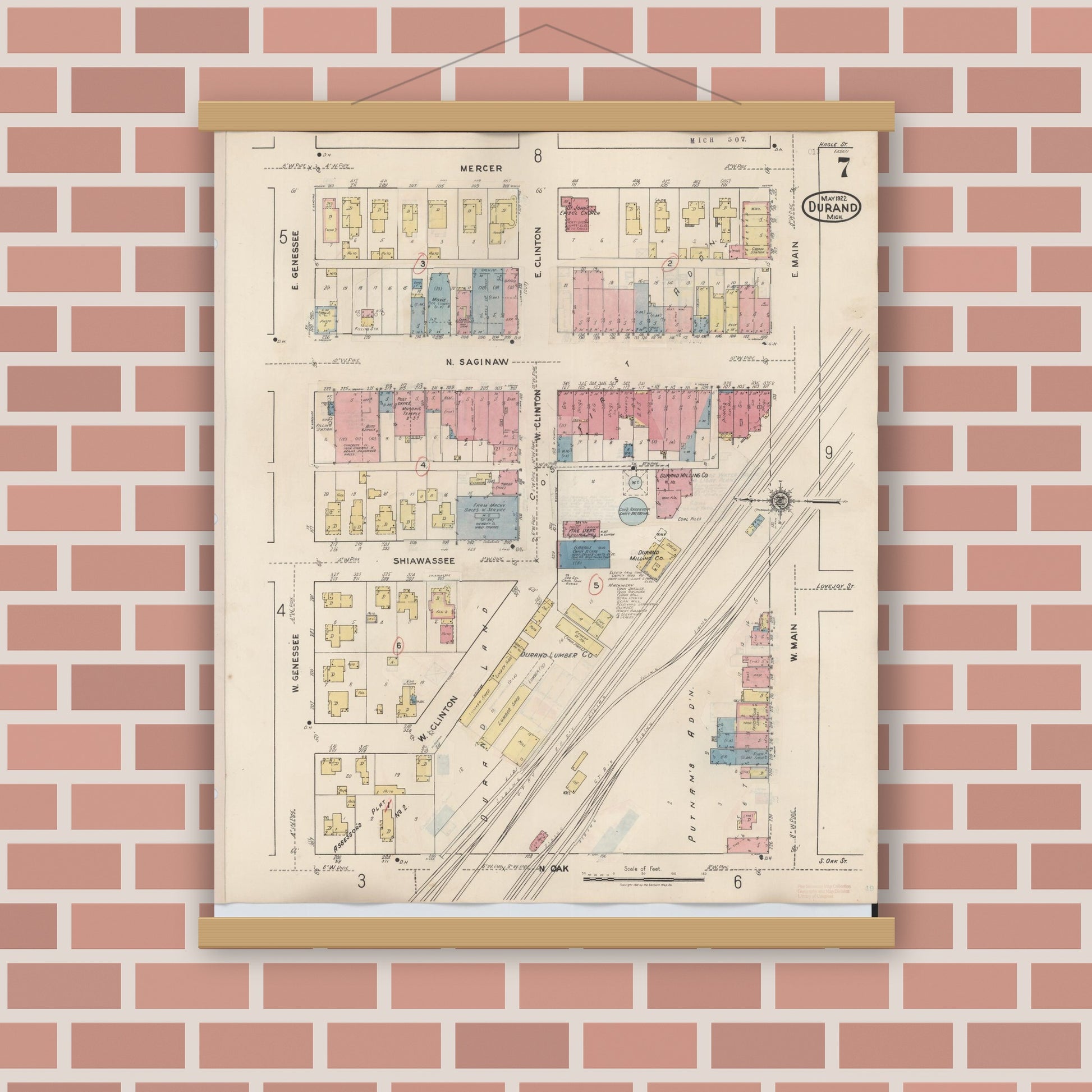 Old map wall art mockup — magnetic wood frame on brick wall — Sanborn Fire Insurance Map from Durand, Shiawassee County, Michigan (1944), Sheet #0007