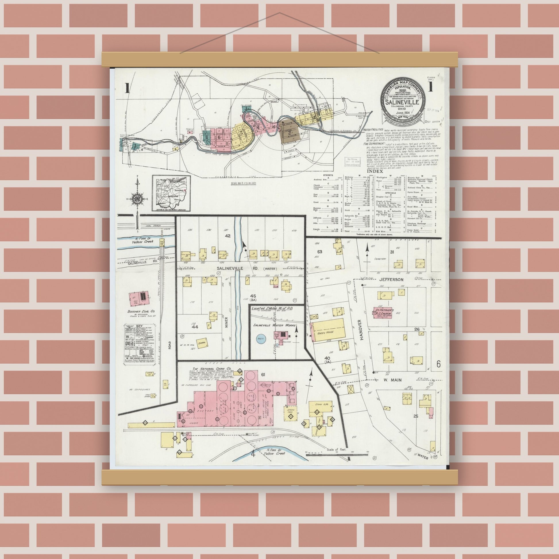 Old map wall art mockup — magnetic wood frame on brick wall — Sanborn Fire Insurance Map from Salineville, Columbiana County, Ohio (1924) - Complete Map Set