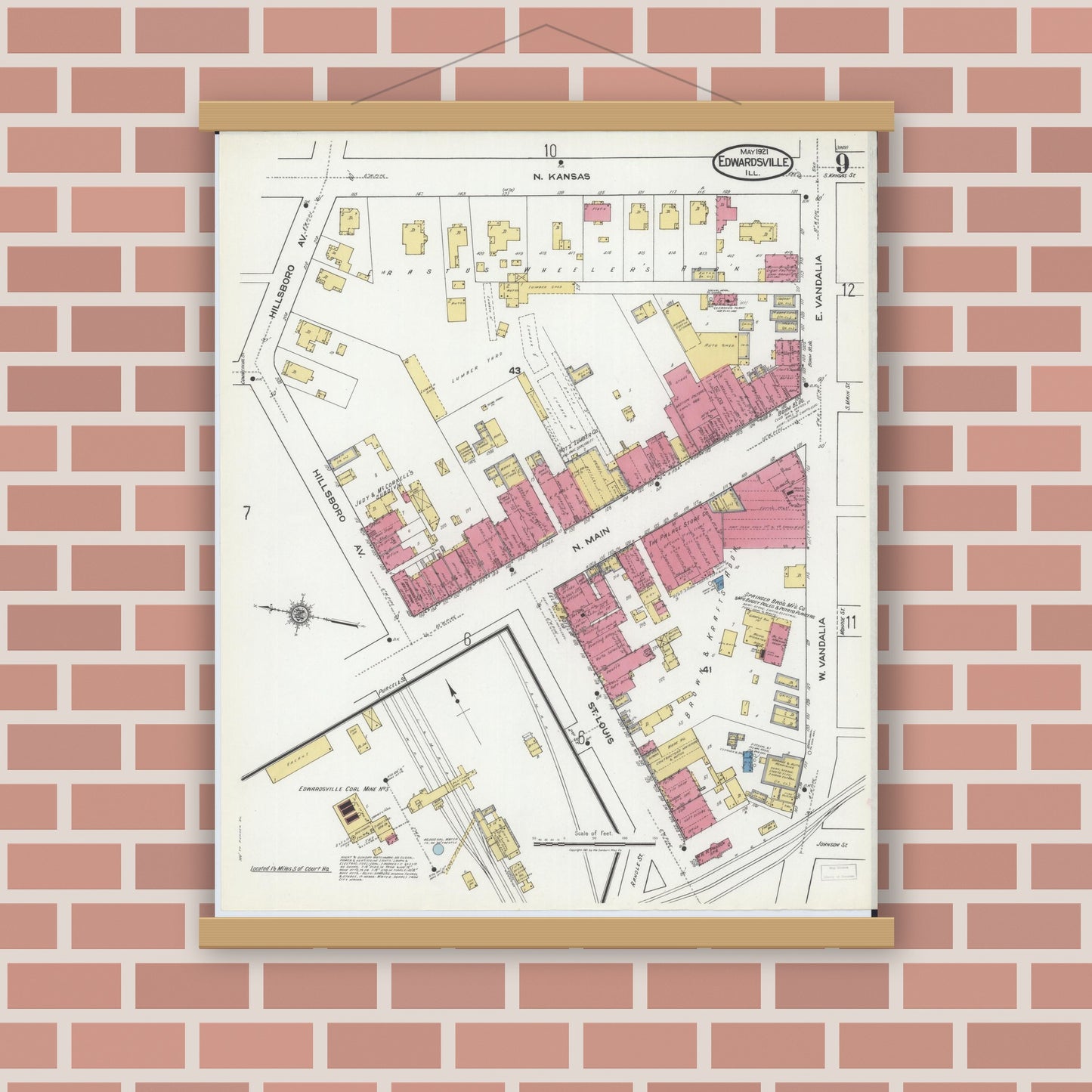 Old map wall art mockup — magnetic wood frame on brick wall — Sanborn Fire Insurance Map from Edwardsville, Madison County, Illinois (1921), Sheet #0009