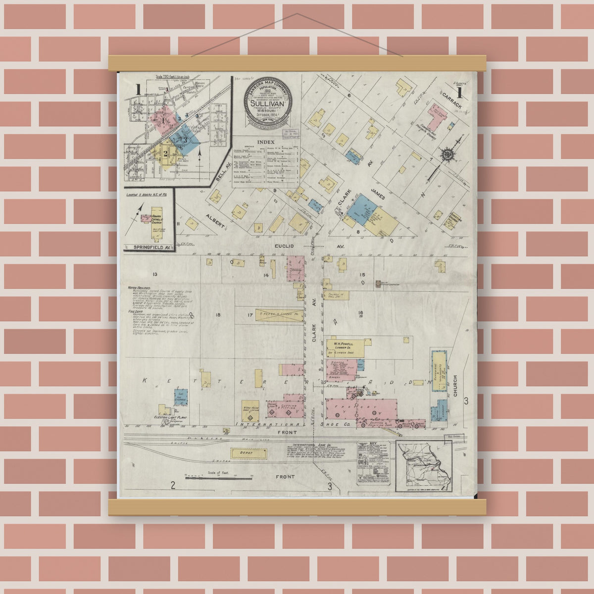 Old map wall art mockup — magnetic wood frame on brick wall — Sanborn Fire Insurance Map from Sullivan, Franklin County, Missouri (1924), Sheet #0001